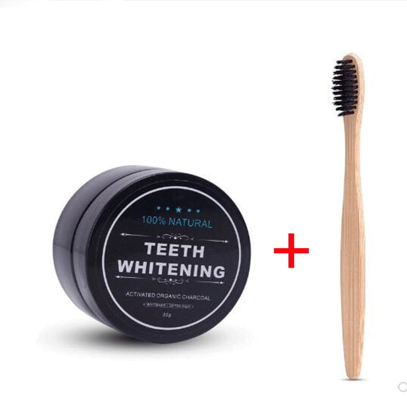 MINTY CHARCOAL TEETH WHITENING POWDER + TOOTHRUSH