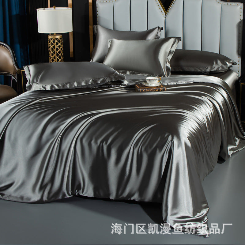 European-style satin four-piece set, Nantong City home textile wholesale, solid color silk silk duvet covers, bed sheets, covers, bedding