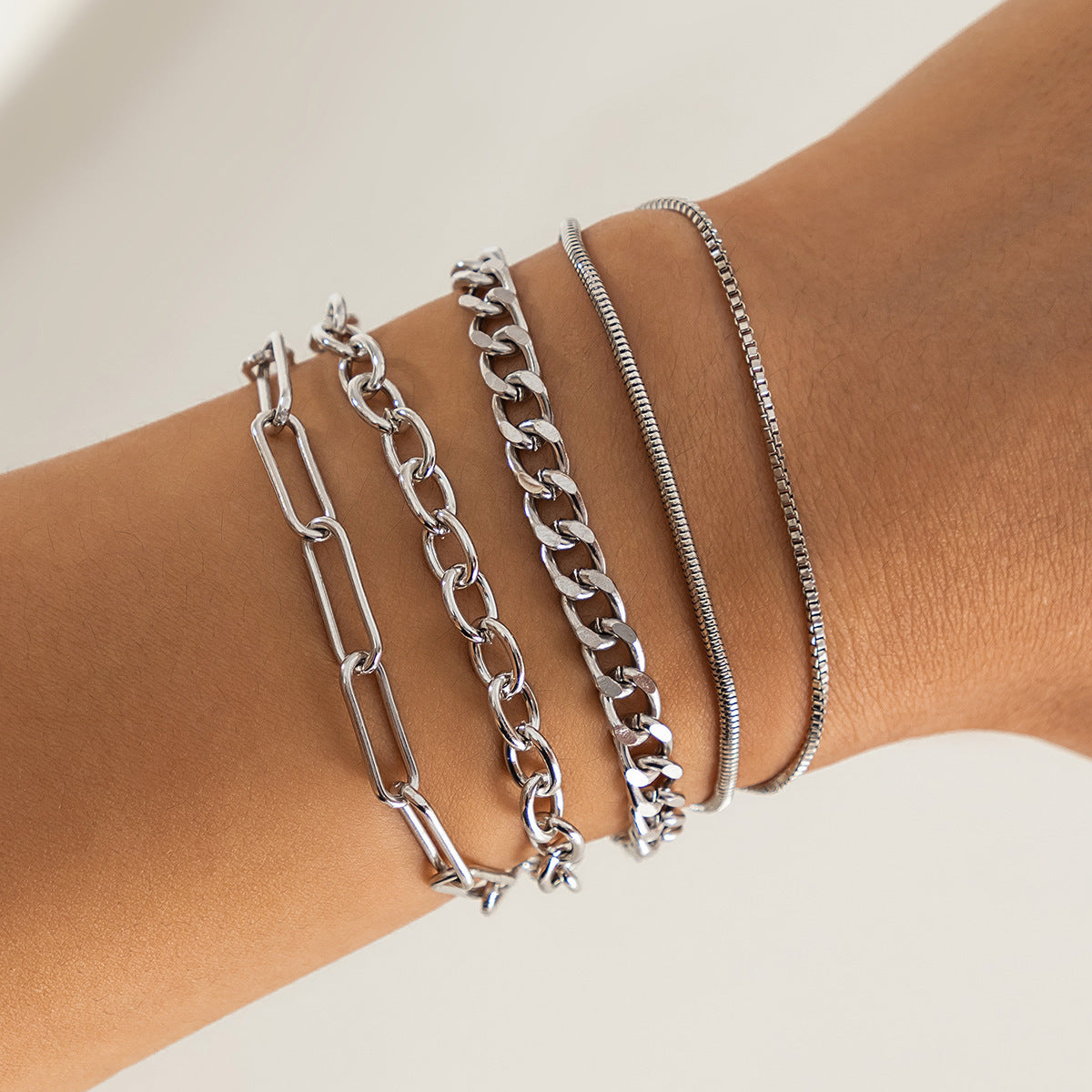 European and American cross-border simple five-piece bracelet men's hip hop niche metal chain set multi-layer chain simple bracelet