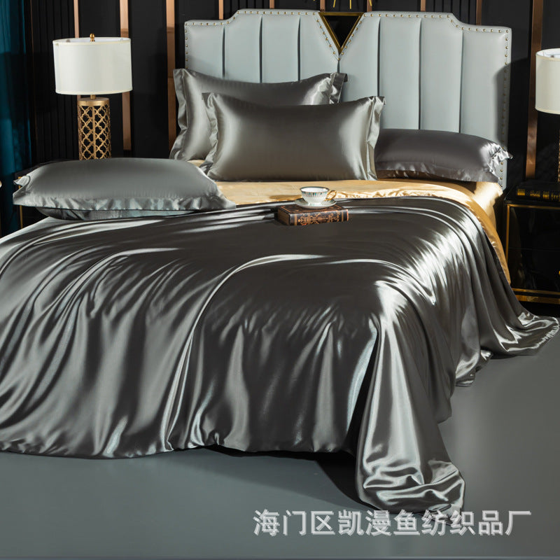 European-style satin four-piece set, Nantong City home textile wholesale, solid color silk silk duvet covers, bed sheets, covers, bedding