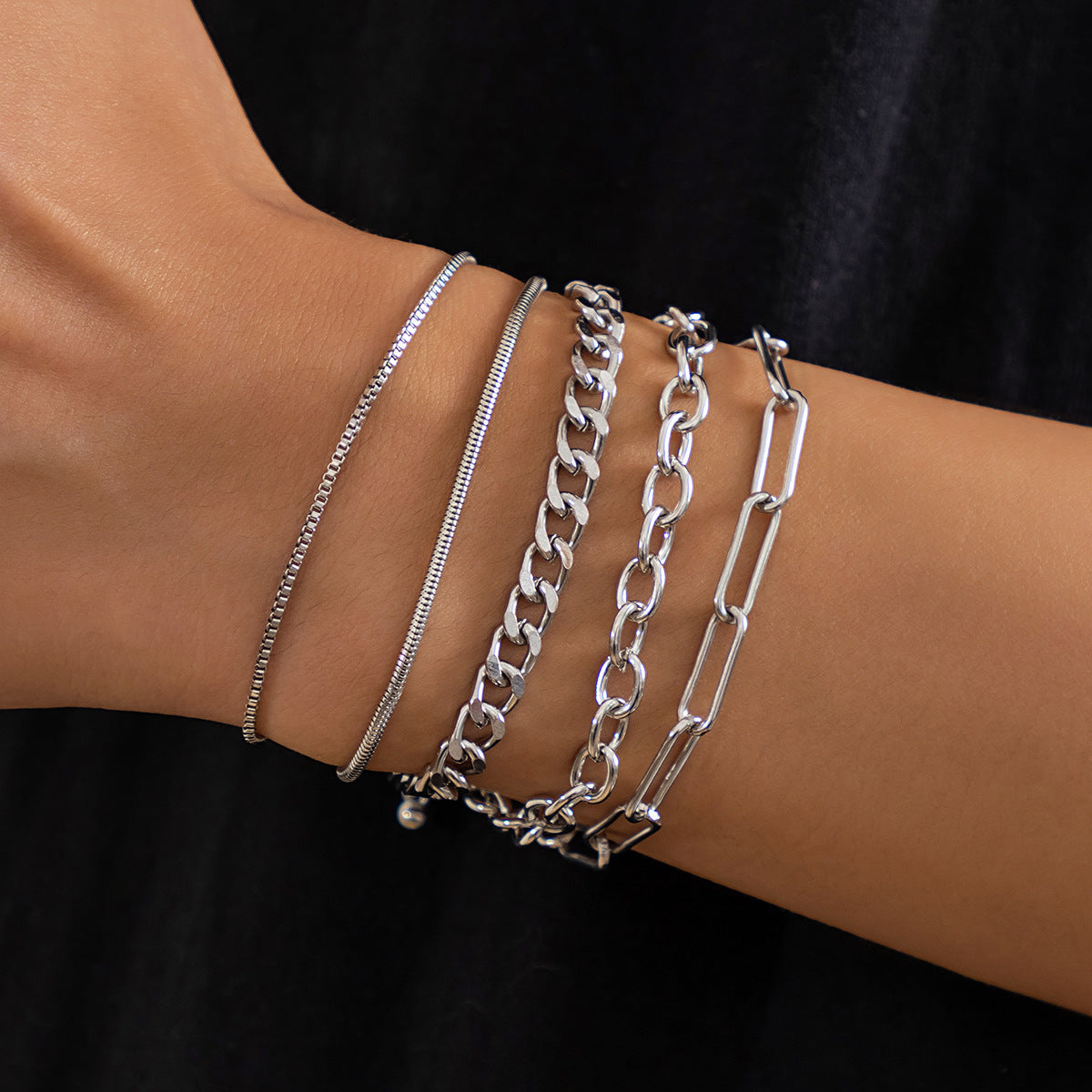 European and American cross-border simple five-piece bracelet men's hip hop niche metal chain set multi-layer chain simple bracelet