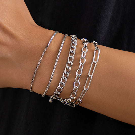European and American cross-border simple five-piece bracelet men's hip hop niche metal chain set multi-layer chain simple bracelet