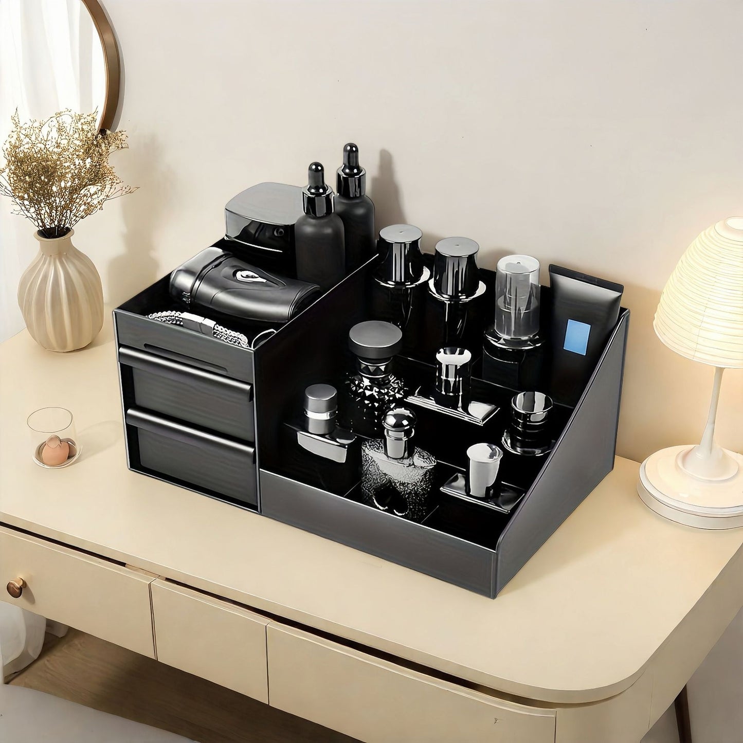 Desktop Cosmetics Organizer Black Storage Box with Drawers Bathroom Cosmetic Shelf Lipstick Box