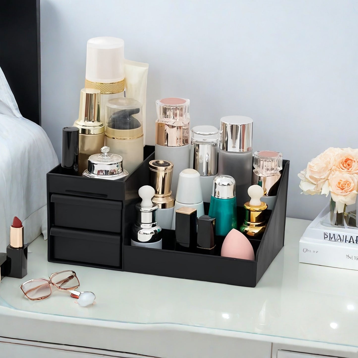 Desktop Cosmetics Organizer Black Storage Box with Drawers Bathroom Cosmetic Shelf Lipstick Box